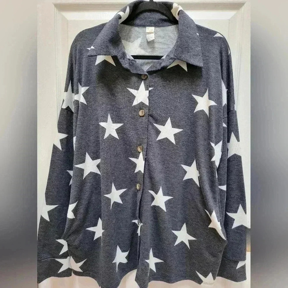7th Ray Women's Button Down Long Sleeve Star Print w/ pockets Shirt Plus Size 1x - Picture 1 of 3